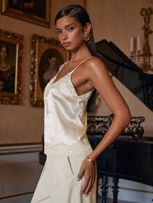 Athîral 女士优雅撞色蕾丝吊带背心，夏季 - 杏色 - 查看 3