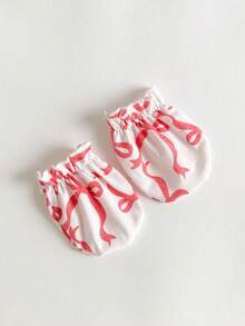 4pcs Newborn Baby Set: Cute Bow Print Romper With Peter Pan Collar, Long Sleeve, Footie Pants, Swaddle Blanket, Hat And Mittens Fall Winter - Red - View 4