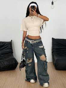 Coolane Women's Summer Minimalist Y2K Basic Daily Wear Casual Back To School Streetwear Stretchy White Loose Ruched Crop Tees