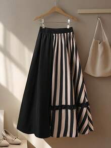 SHEIN Clasi Women's Elegant A-Line Color Block Striped Patchwork Lace Decor Skirt, Fashion & Versatile, Spring/Summer Fall Cloth For Women - Black - View 2