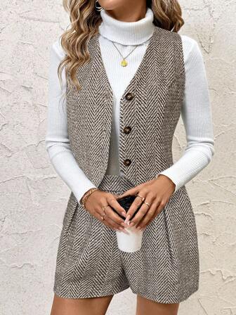 SHEIN Clasi 2pcs/Set Women Wool Blend Vest + Shorts Suit For Commuting, Autumn/Winter,Cozy Fall And Winter Clothes For Women