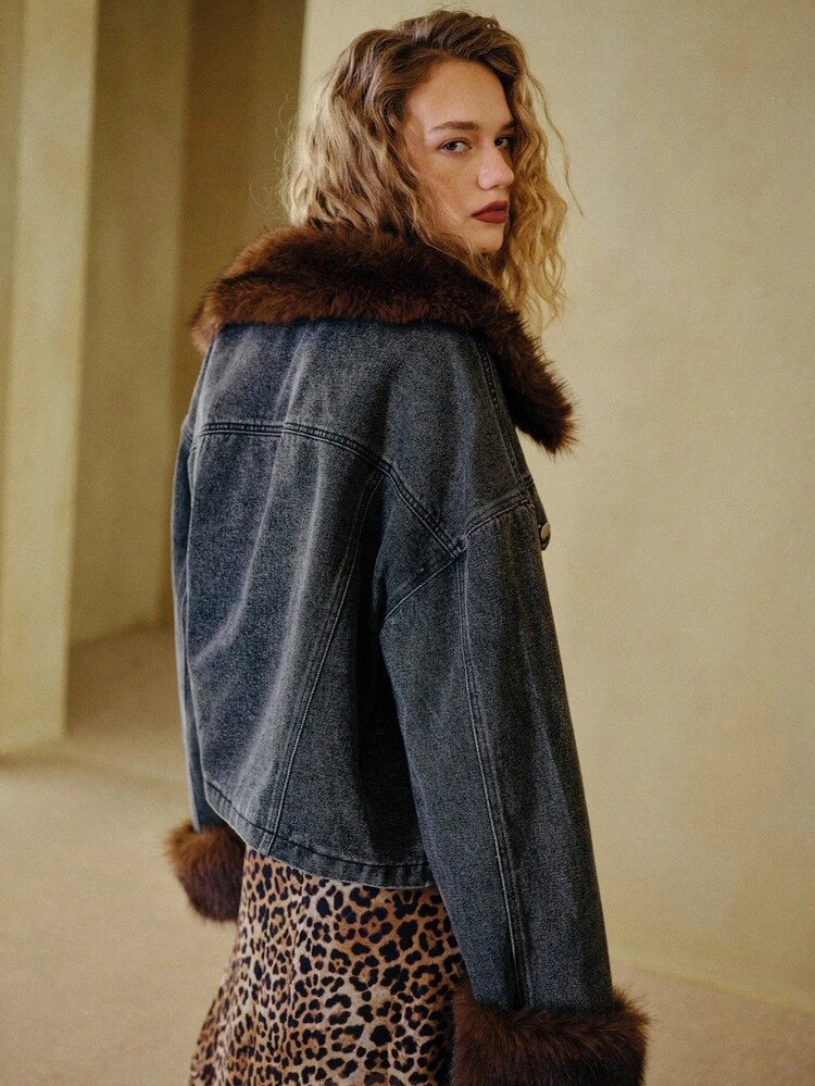 MOTF STUDIO DENIM JACKET WITH FAUX FUR LINING, FASHIONABLE LOOSE FIT AUTUMN/WINTER COAT