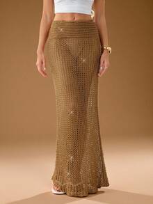 SHEIN Tall Váy len dáng đuôi cá ôm sát, màu trơn cổ điển, phong cách thường ngày và thời trang, thích hợp cho mùa xuân/hè/váy maxi/dự tiệc/đi biển. - màu nâu - Xem 1