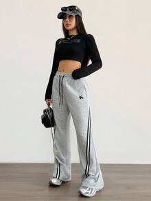 Aidyla Women's Faux Cotton Twill Gray Patchwork Waist Drawstring Casual Sweatpants, Autumn/Winter Jogging Pants Wide Leg Sweatpants - Grey - View 5