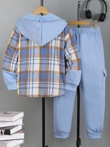 Vacaura 2pcs/Set Boys' Plaid Long Sleeve Hooded Cardigan Top And Loose Cargo Pants Light Blue Outfit,Autumn Casual School Back-To-School Fashionable Outfit - Blue - View 5