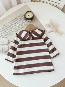 SHEIN Baby Girl Cute Casual Knitted Striped Peter Pan Collar Loose Long Sleeve Dress Fall Winter - Multicolor - View 2