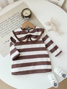 SHEIN Baby Girl Cute Casual Knitted Striped Peter Pan Collar Loose Long Sleeve Dress Fall Winter - Multicolor - View 4