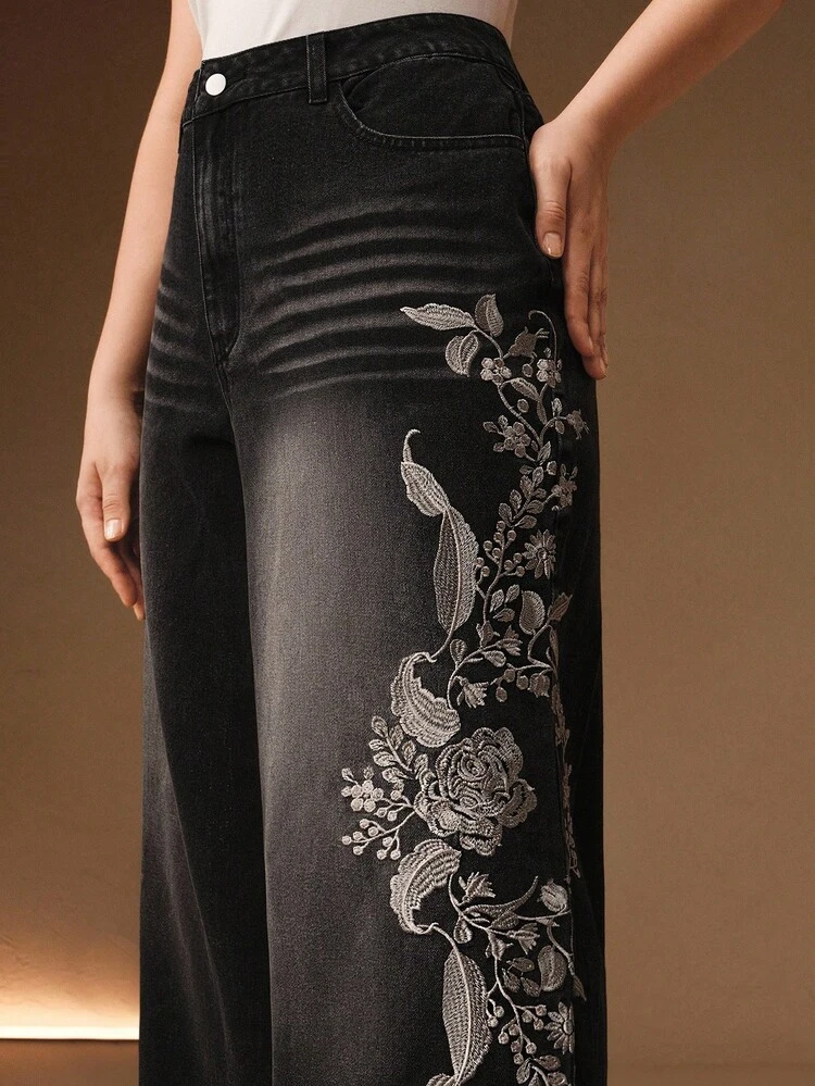ヴィンテージスタイル 刺繍入り ブラック ストレートレッグ ジーンズ レディース