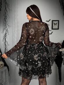 SHEIN Whyspr Plus Size Autumn/Winter Punk Dark Elegant Exaggerated Niche Star & Moon Mesh A-Line Knee-Length Dress For Women