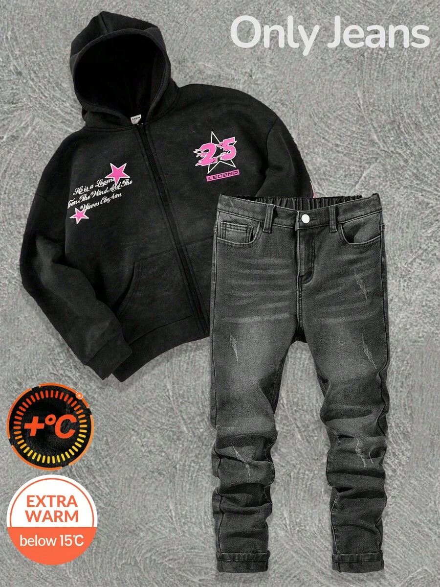 SHEIN 青少年男孩时尚休闲 Y2K 复古酷炫街头风,适合返校、大学、秋冬季穿着,黑色牛仔基础款简约羊毛鞋底,羊毛保暖弹力紧身牛仔裤,柔软舒适,适合日常穿着,也适合儿童秋冬季锐舞音乐节和街头服饰。 - 黑色 - 查看 1