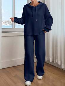 EURMUSE Women Solid Color Drop Shoulder Hooded Pullover & Sweater Pants Set - Navy Blue - View 5