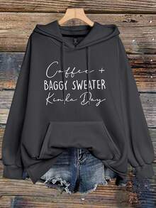 EMERY ROSE Sudadera con cordón y estampado de letras para mujer de talla grande - Gris Oscuro - Ver 1