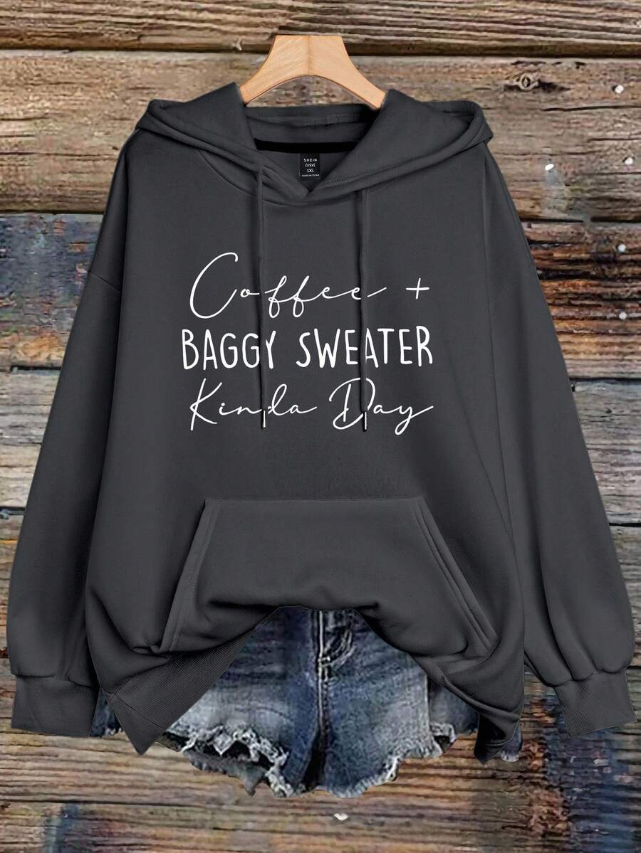 EMERY ROSE Sudadera con cordón y estampado de letras para mujer de talla grande - Gris Oscuro - Ver 1