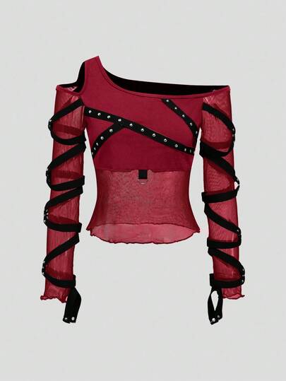 Grunge Punk T-shirt femme à épaules ajourées et cloutées, style punk rock, pour festival de musique, été