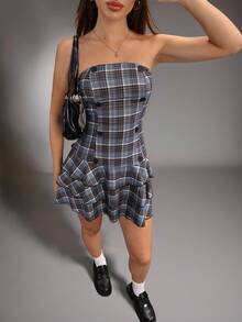 Jeanoix 秋季休闲无袖拉链分层下摆格子束腰连衣裙，性感时尚，适合学校、学生、派对、办公室、街头服饰 - 灰色 - 查看 8