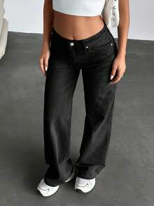 EURMUSE 女式休闲纽扣口袋阔腿牛仔裤 - 黑色 - 查看 3