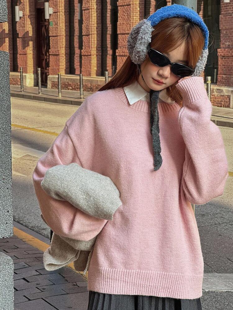 Youth Girls' Solid Color Minimalist Everyday Crew Neck Long Sleeve Sweater