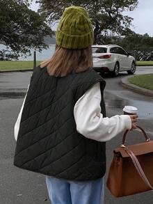 DAZY 轻薄无袖绗缝背心外套，绗缝图案，宽松休闲刺绣字母设计，女士纯棉外套，秋冬女式大衣 - 黑色 - 查看 4