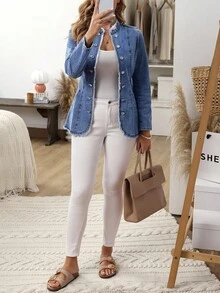 EMERY ROSE Women's Front Button Long Sleeve Blue Denim Jacket, Fashionable & Versatile - Blue - View 6