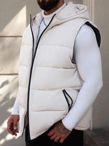 Manfinity CasualCool Plus Size Men's Solid Color Minimalist Casual Hooded Sleeveless Padded Vest, For Fall Winter