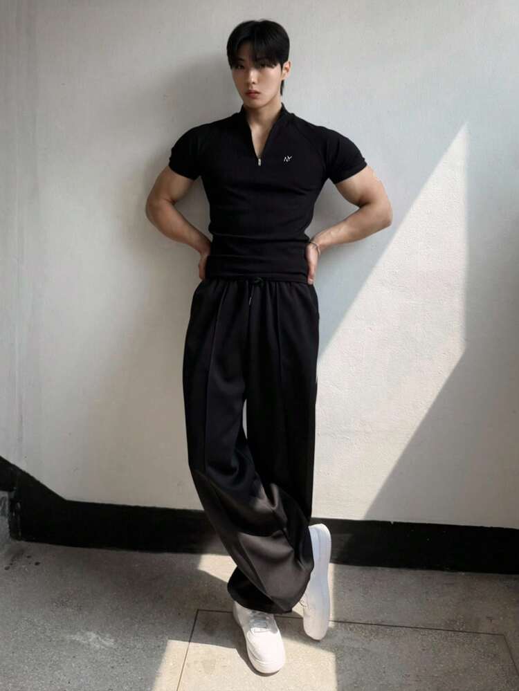 Men's Slim Fit Black T-Shirt With Letter Embroidery, Summer Quarter Zip Men