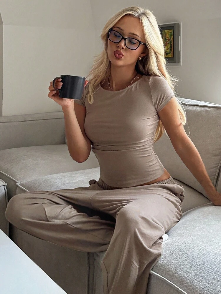 Lace Patchwork Hollow-Out Back Pleated Design Fitted Top & Loose Long Pants Women Pajama Set