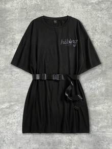 Y2Kool Meloeve Artist Retro Street Letter Graphic Buckle Belted Dress, Concert Outfit For Summer, Holiday, Party, Vacation, Birthday Outfits, Beach, Festival, Rave Outfits Festival, Ibiza Fits, Western Wear, Prom Dress Going Out Autumn Casual Stylish Clothing Collection New Year Outfits