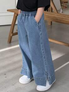 Dazy Kids 女童破洞阔腿牛仔裤，秋冬季保暖内衬 - 藍色 - 查看 10