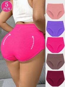 SHEIN 5 piezas Bragas de talla grande para mujer con cintura alta cómoda y elástica, a rayas y sin costuras con cobertura total - Multicolor - Ver 2
