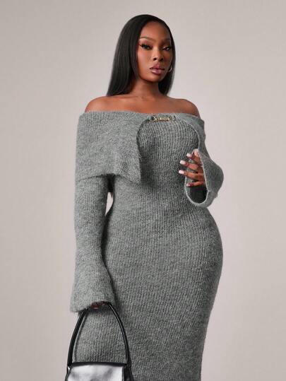 Radiana Plus Size Women's Fall & Winter,Elegant Plush Yarn Off-Shoulder Lapel Slim-Fit Flared Sleeve Warm Sweater Dress,Suitable For Prom,Valentine's Day Slay Diva Dress Off Shoulder Dress Curve,Sexy