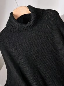 CosyJoli Áo len Poncho cổ cao tua rua cỡ lớn không đối xứng dành cho mùa thu đông dành cho nữ - màu đen - Xem 3