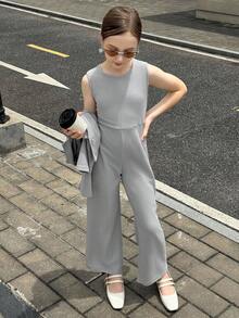 2 件套纽扣领短夹克和直筒连体裤套装 - 灰色 - 查看 6