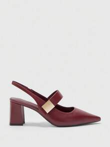 CUCCOO BIZCHIC Square Buckle Fashion Comfortable Commuter Pointed Toe Chunky High Heel Sandals - Burgundy - View 2