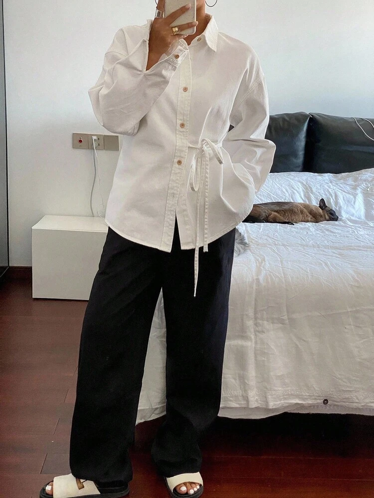 Women Single-Breasted Denim Casual Blouse With Tie Side Long Sleeve Women