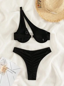 Swim Basics Conjunto de bikini acanalado Sujetador con aros de un hombro y bottom de bikini con fruncido en el trasero Traje de baño de 2 piezas - Negro - Ver 2