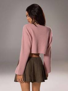 SHEIN Unity 女士罗纹针织V领休闲毛衣，针织套头衫，秋冬款 - 藕粉色 - 查看 2