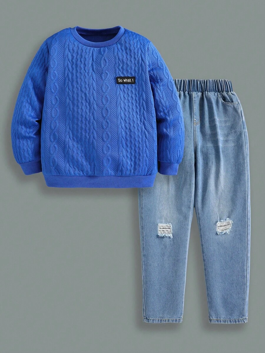 SHEIN 2pcs/Set Casual Textured Fabric Sweatshirt And Jeans Set For Tween Boys Chic Outfits For Autumn/Winter Fall - Blue - View 1