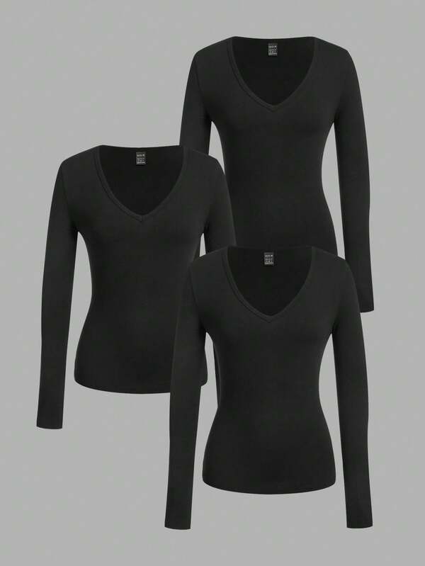 SHEIN EZwear 3pcs/Set Women's Deep V-Neck Tight Fit Casual Long Sleeve T-Shirt Set, Suitable For Autumn/Winter,Black Tops