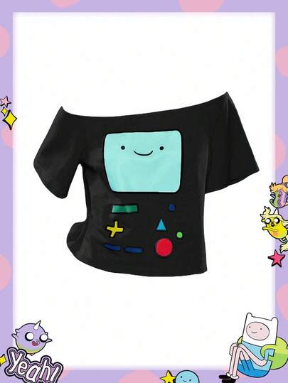 Adventure Time X ROMWE T-shirt graphique asymétrique à l'épaule, noir