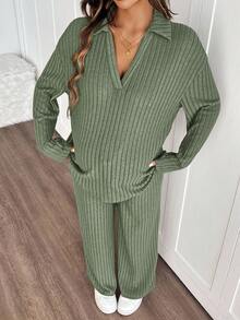 SHEIN 2pcs Maternity Set,Sage Green Autumn Casual Everyday Raglan Sleeve Shirt With Collar & Adjustable Waist Straight Leg Pants,Loose Fit Comfy Lounge Set - Green - View 6
