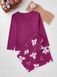 女童休闲宽松蝴蝶印花睡衣套装，优雅可爱，轻盈，秋冬，紫色 - 紫色 - 查看 2