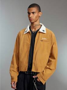 ROMWE MEN Prep Herren modische lässige Reißverschluss-Cord-Jacke mit Totenkopf-Motiv, für den Herbst - Braun - Übersicht 4