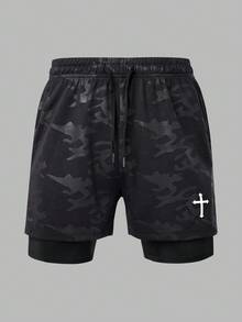 Manfinity Sport Corelite 1pc Boyfriend Style Men's Cross Print Drawstring Waist Sports Shorts, Summer - Black - View 3