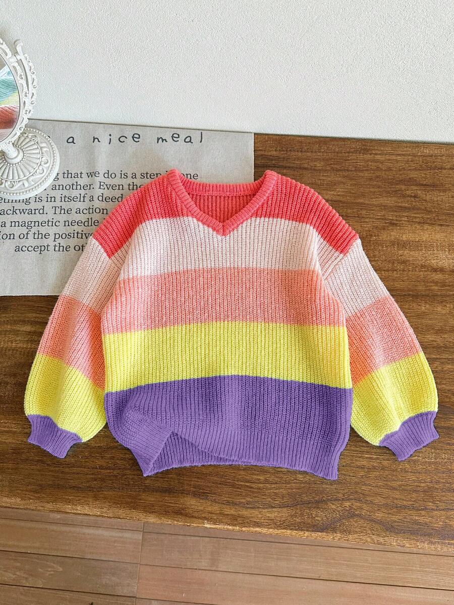 LMoss Kids LMoss 年轻女孩 V 领渐变休闲毛衣秋冬女孩衣服 - 彩色 - 查看 1