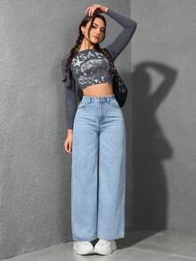 SHEIN PETITE 女式高腰口袋阔腿宽松休闲牛仔裤 - 藍色 - 查看 3