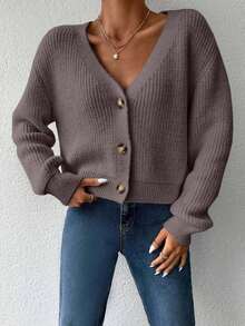 EURMUSE Women's Solid Color V-Neck Front Button Casual Cardigan - Mocha Brown - View 4