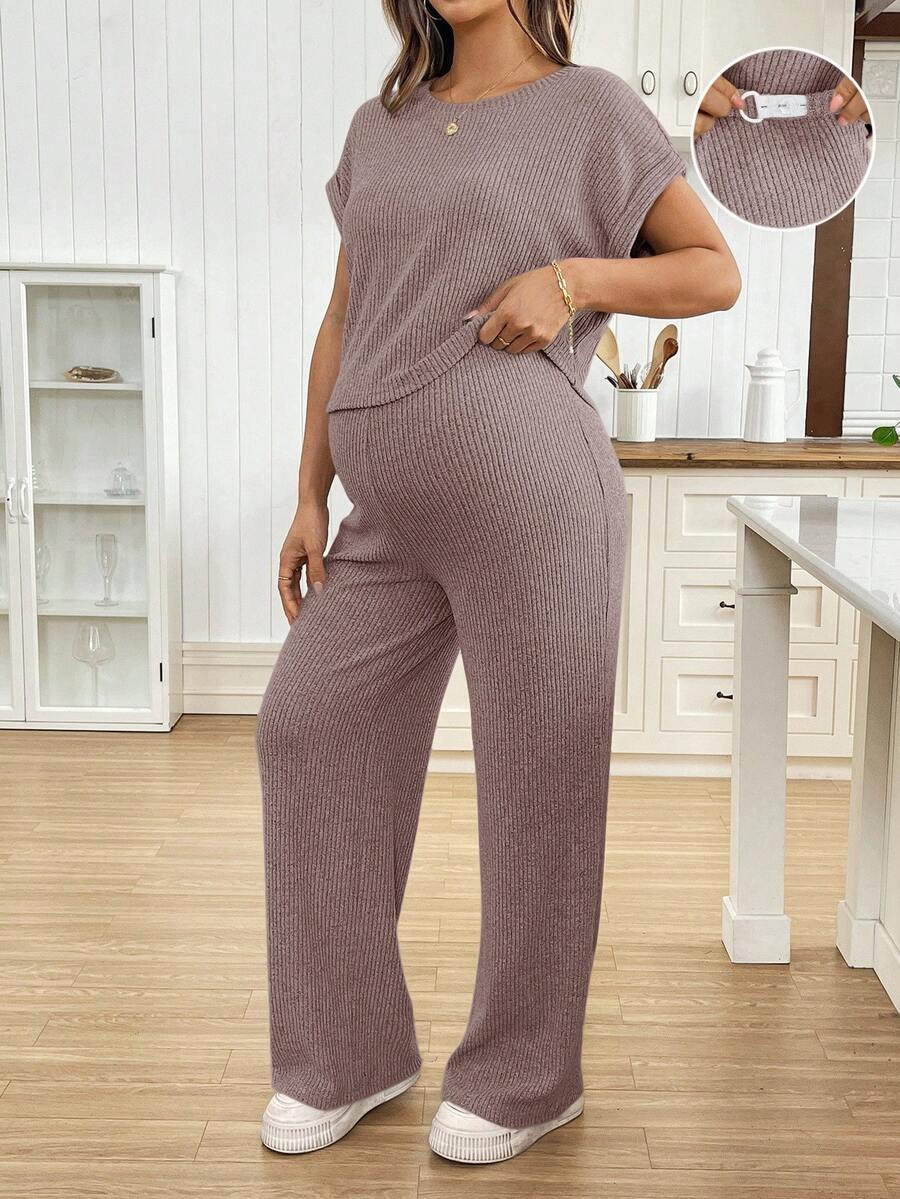 SHEIN 2件套孕妇休闲纯色上衣和裤子套装 - 粉色 - 查看 1