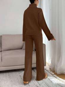 EURMUSE Women Relaxed Fit Turtle-Neck Sweater With Rib Knit Detailed And Straight Knit Pant Set - Brown - View 2