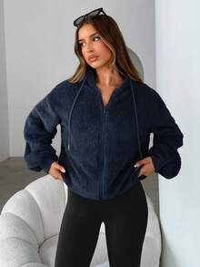 Siren Gaze 女士纯色羊毛连帽运动衫，厚实保暖运动衫，棕色，女士秋季连帽衫，女装，冬装，长袖上衣，毕业，返校，女士教师装 - 藏蓝色 - 查看 4