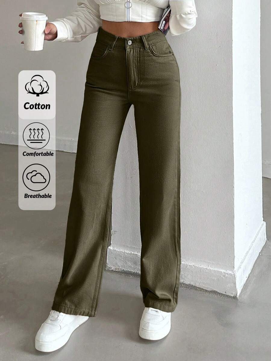 EURMUSE 100%Cotton HIGH RISE BEIGE WIDE LEG PETITE SIZE JEAN - Khaki - View 1